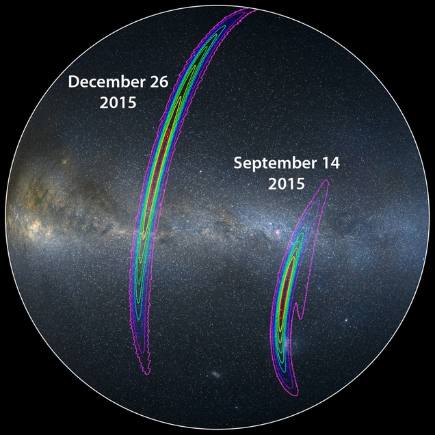 Approximate locations of two gravitational wave events detected so far by LIGO. Image: LIGO/Axel Mellinger